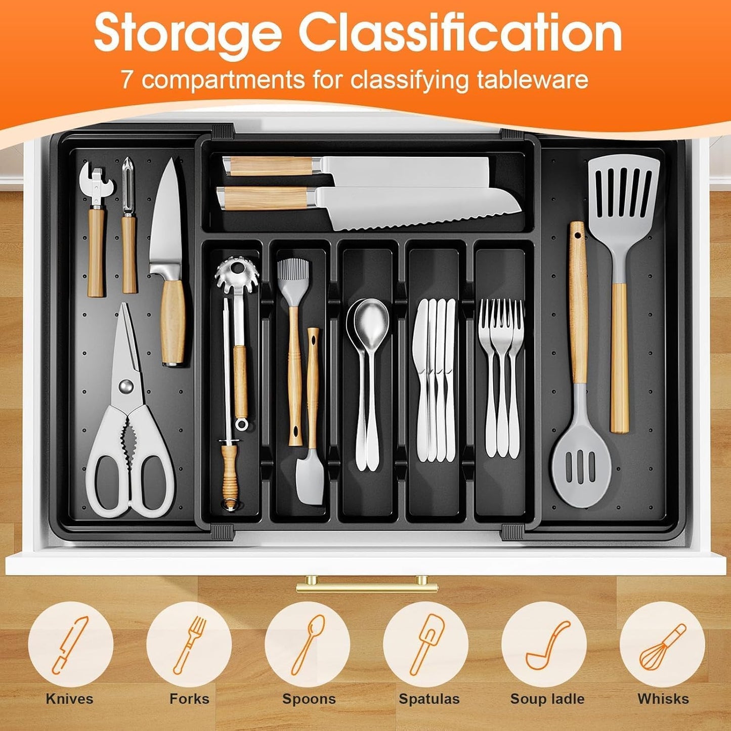 SpaceHacks Silverware Organizer - Adjustable & Expandable Utensil Drawer Holder | BPA-Free Cutlery Tray, Large Black