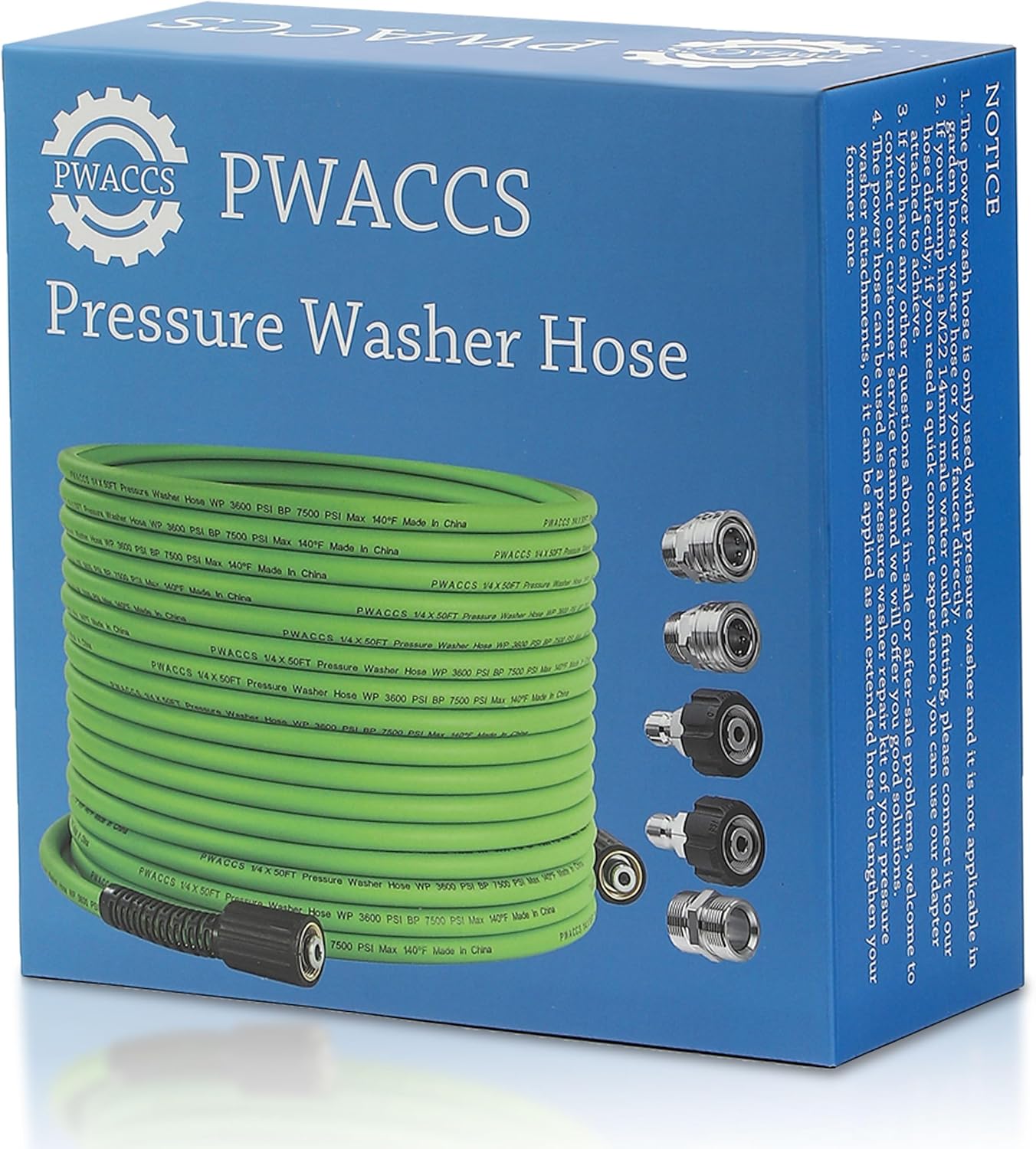 PWACCS Pressure Washer Hose - 50 FT Kink Resistant High-Pressure Extension | Compatible with M22 Fittings, 3600 PSI, Green
