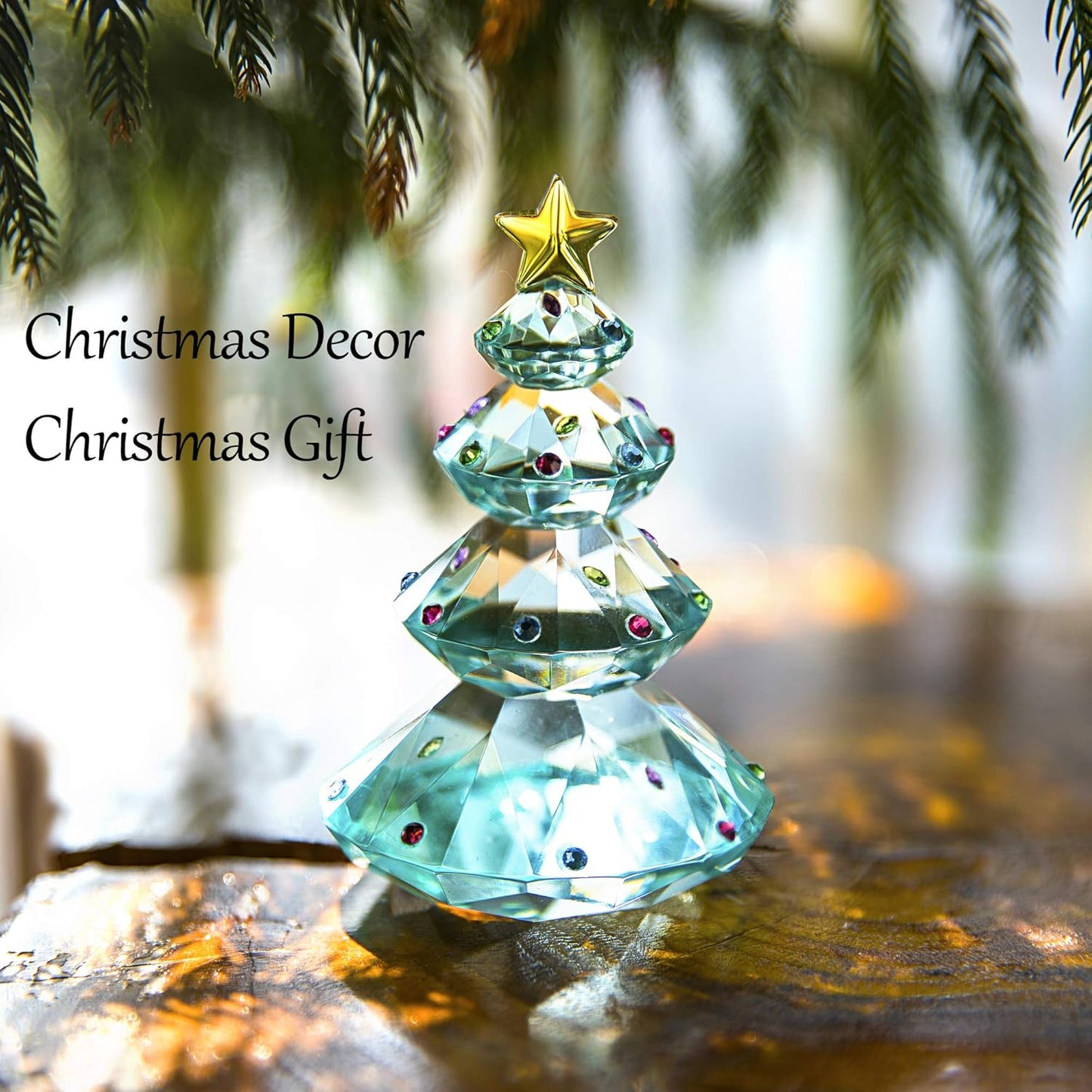 QFkris Crystal Christmas Tree Figurine - 3.5" Blue Glass Paperweight Table Ornament for Holiday Decor