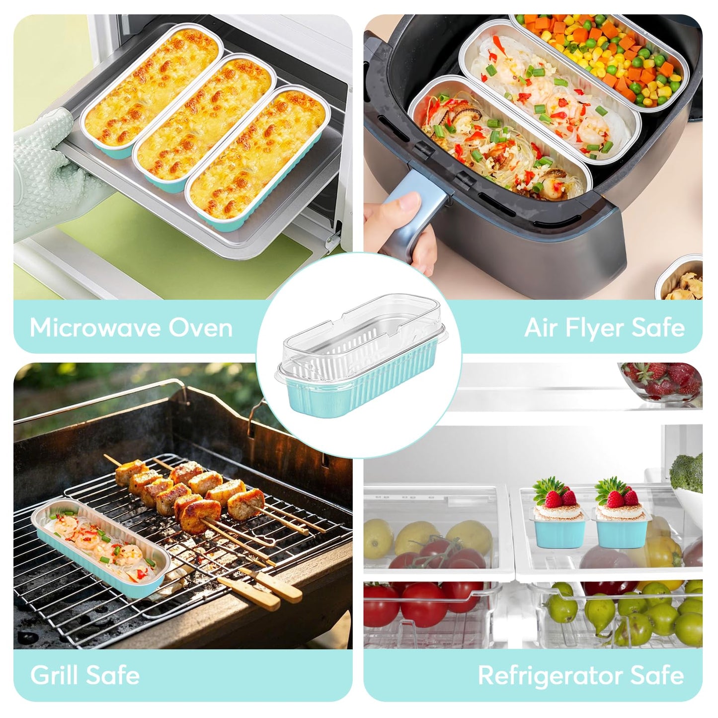 Ruckae 100 Pack Mini Loaf Pans with Lids and Spoons Disposable Aluminum Tin Foil Pans Rectangle Mini Loaf Cake Pan for Baking,Party,Picnics,Gifts Light Blue
