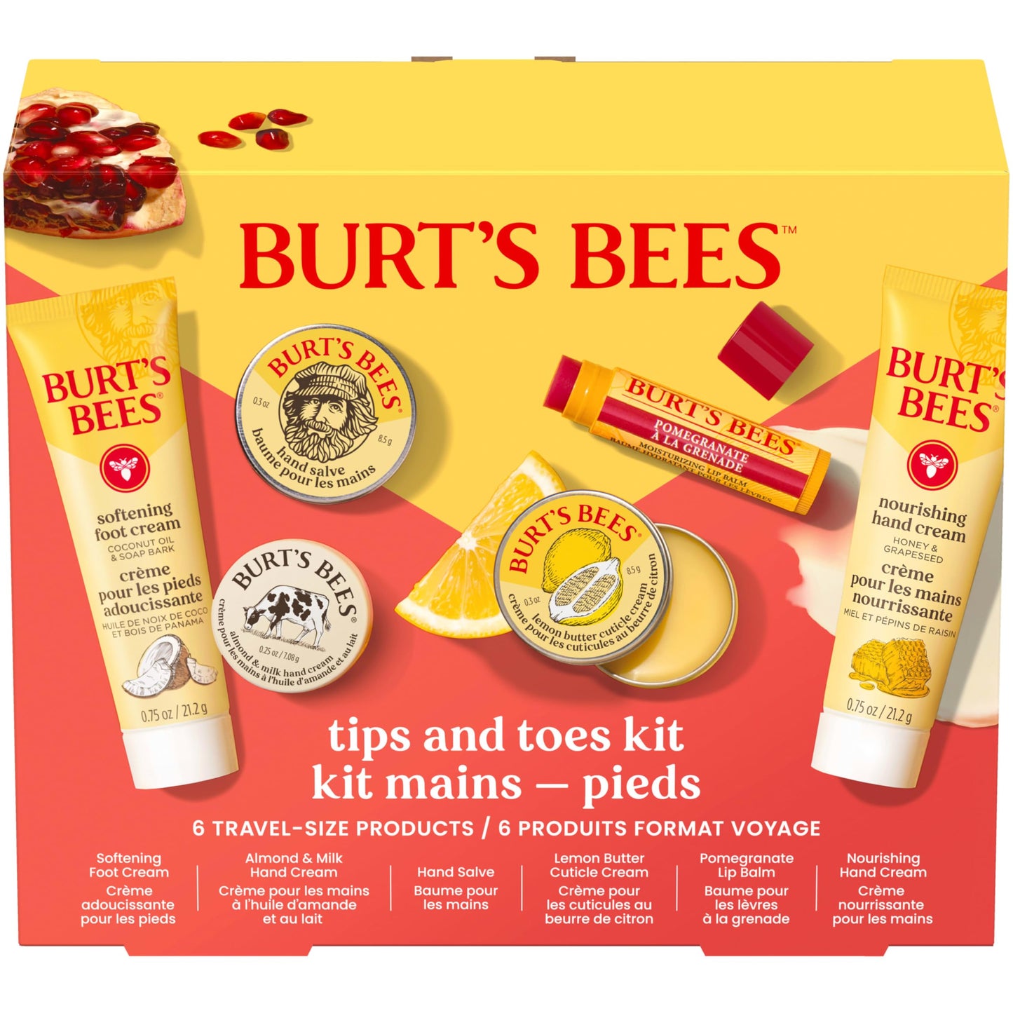 Burt's Bees Mothers Day Gifts Ideas, Tips and Toes Kit, 6 Travel Size Products - Pomegranate Moisturizing Lip Balm, 2 Hand Creams, Foot Cream, Cuticle Cream, and Hand Salve