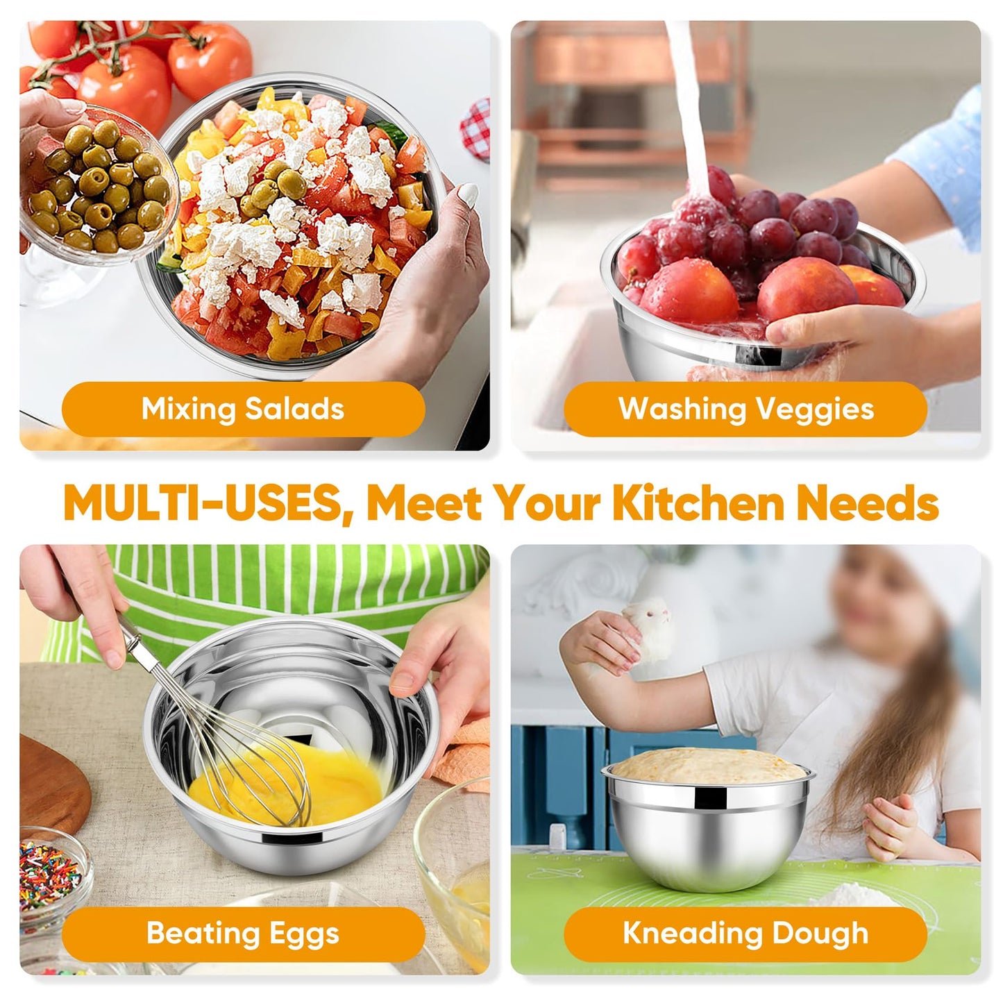 TeamFar Mixing Bowl Set of 5, 4.5/3/1.5/1/0.7 QT, Stainless Steel Metal Nesting Salad Bowl with Lid Set, Ideal for Mixing Serving, Non-Toxic & Sturdy, Airtight Lid & Easy Clean, Black