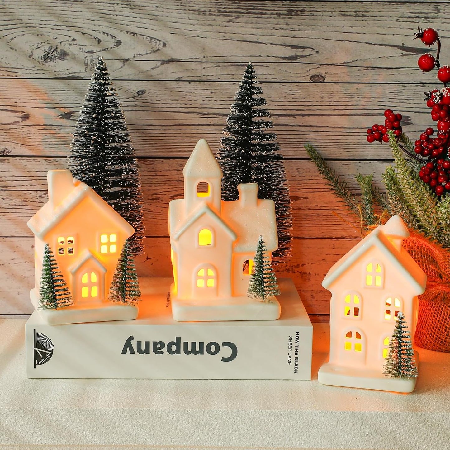 Skiennix Christmas Village Set - 5PCS LED Lighted Ceramic Houses & Decorative Trees | Home Decor