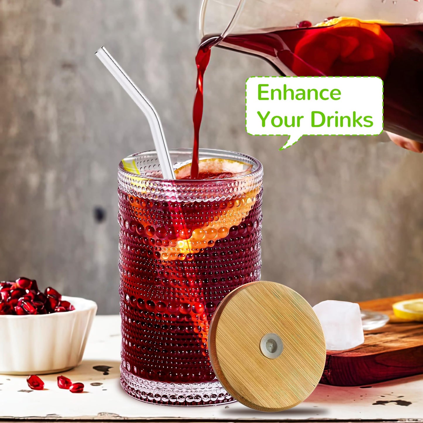 Hobnail Drinking Glasses with Bamboo Lids and Glass Straw 4Pcs Set - 14oz Vintage Glass Cups, Water Glasses, Iced Coffee Glasses, Cute Tumbler Cup, Ideal for Cocktail, Whiskey, Gift - Cleaning Brushes