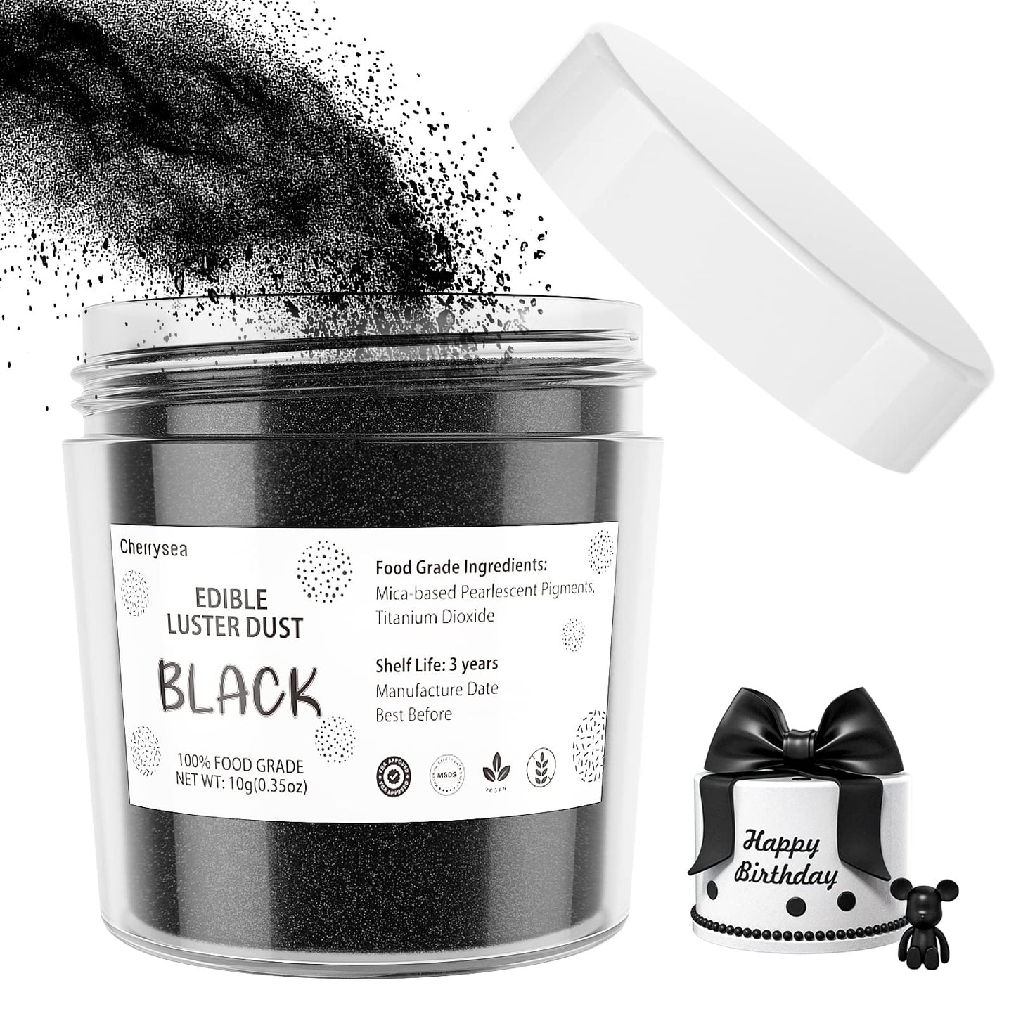 Black Edible Luster Dust 10 Grams, Food Grade Cake Luster Dust Tasteless Dessert Dusting Powders for Baking Cherrysea Food Coloring Powder for Cupcakes, Cake Pops,Fondant,Chocolate, Candy