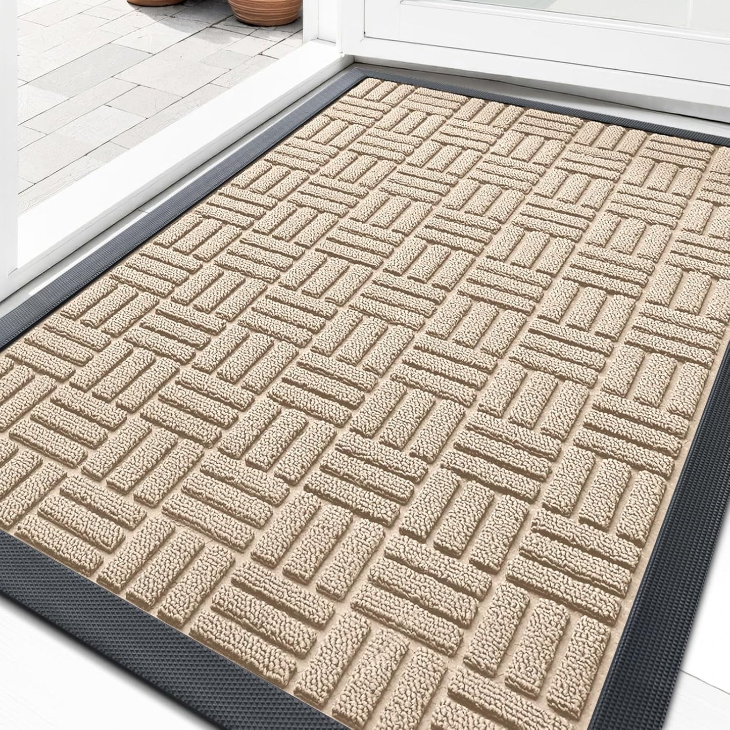 OLANLY Heavy Duty Front Door Mat - Absorbent, Non-Slip Natural Rubber | 29.5x17, Latte White