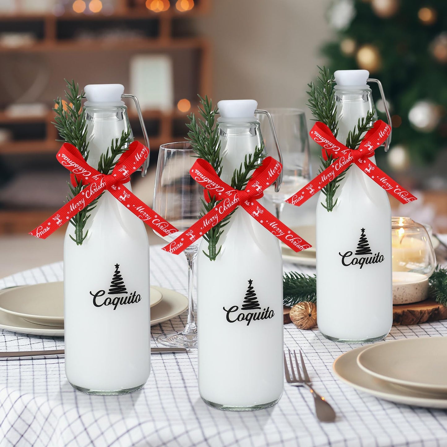 Sieral 12 Pack Christmas Coquito Glass Bottle 8oz Clear Flip Swing Top Beer Brewing Bottles with Ribbon and Artificial Branches for Liquids Wine Christmas Tree Xmas Gifts