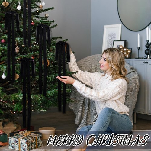 Janinka Black Velvet Ribbon Bows - 6 Pcs Rustic Christmas Tree Decorations | 23.5x15.5 Inch Ornaments