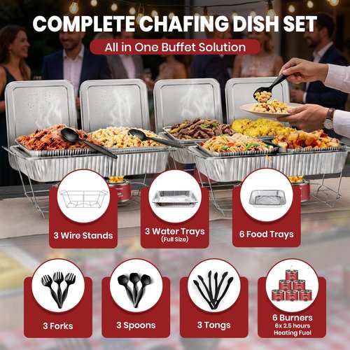 Disposable Chafing Dish Buffet Set, 33 Piece of Chafing Servers with Food Warmers, Covers, Half-Size Food Pans, Water Trays, Serving Utensils, Foil Lids and 4Hr Fuel Cans for Parties, Catering