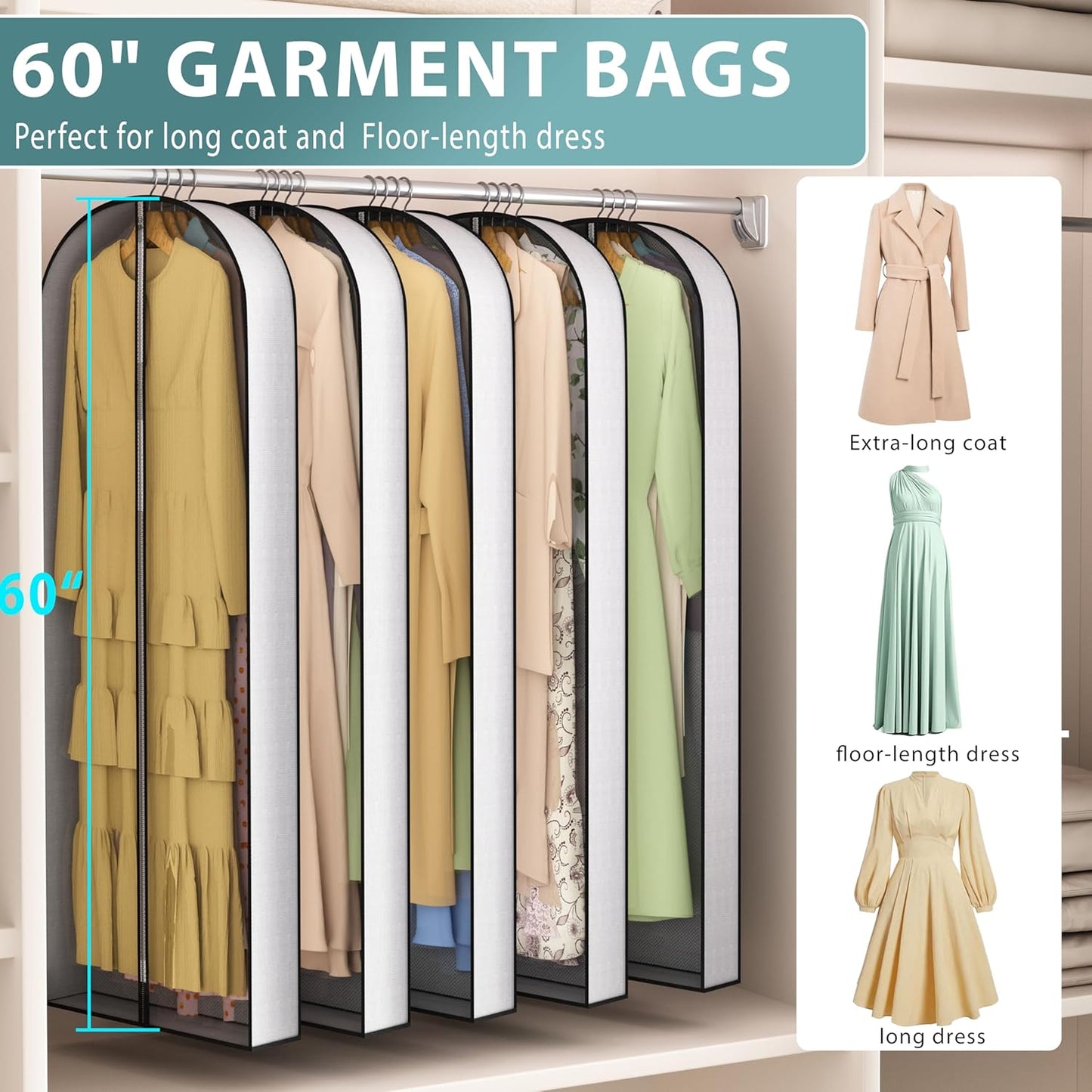 Liuoud 60” Garment Bags - Breathable Fabric with Clear Window & Metal Zipper | 5 Pack for Dresses & Suits