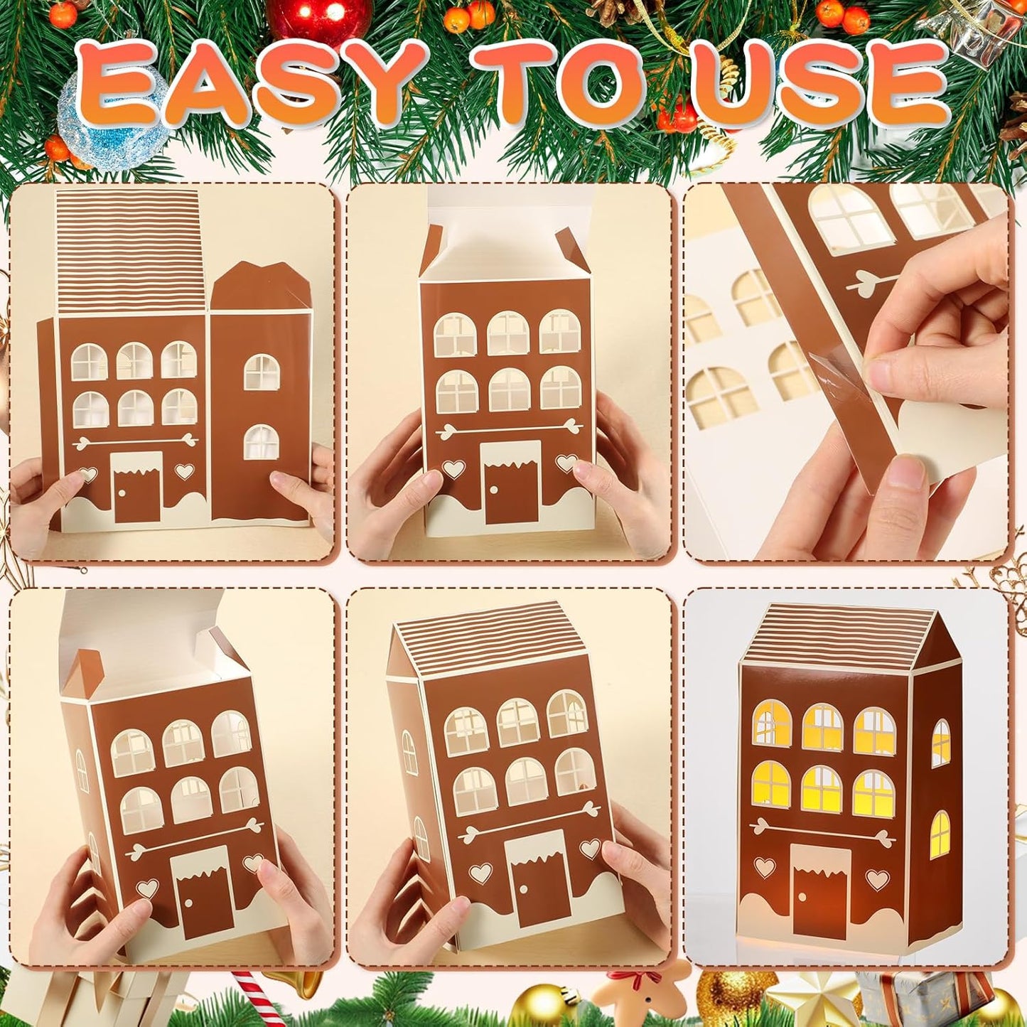 Reallnaive 20 Pcs Large 8" Christmas Cardboard Village Houses Set - DIY Gingerbread Decor with LED Candle