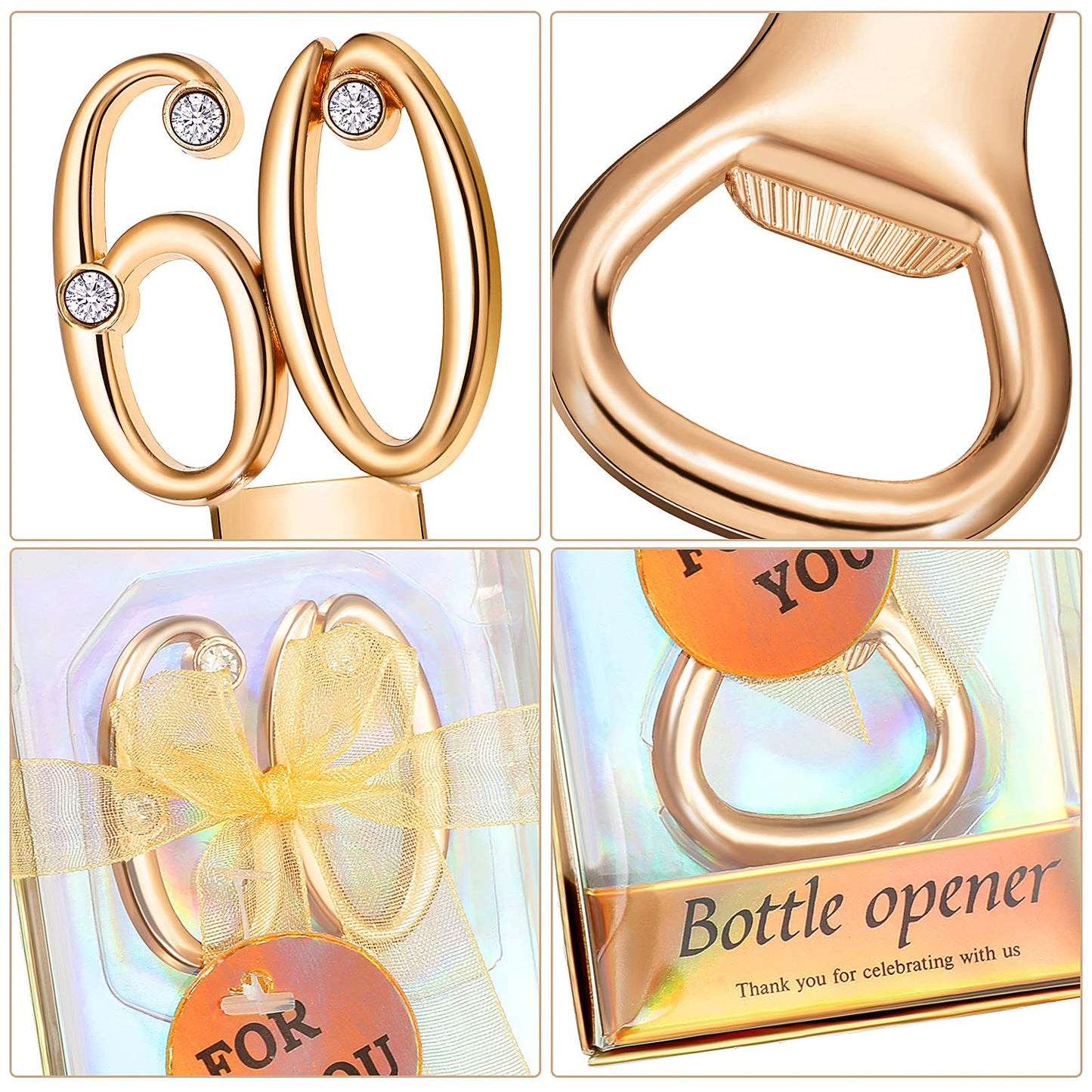 Boao 50 Pcs Birthday Bottle Opener Party Favors Rhinestones Birthday Souvenirs Wedding Anniversary for Guests Beer Opener Party Favors Decoration(Gold,60th Style)