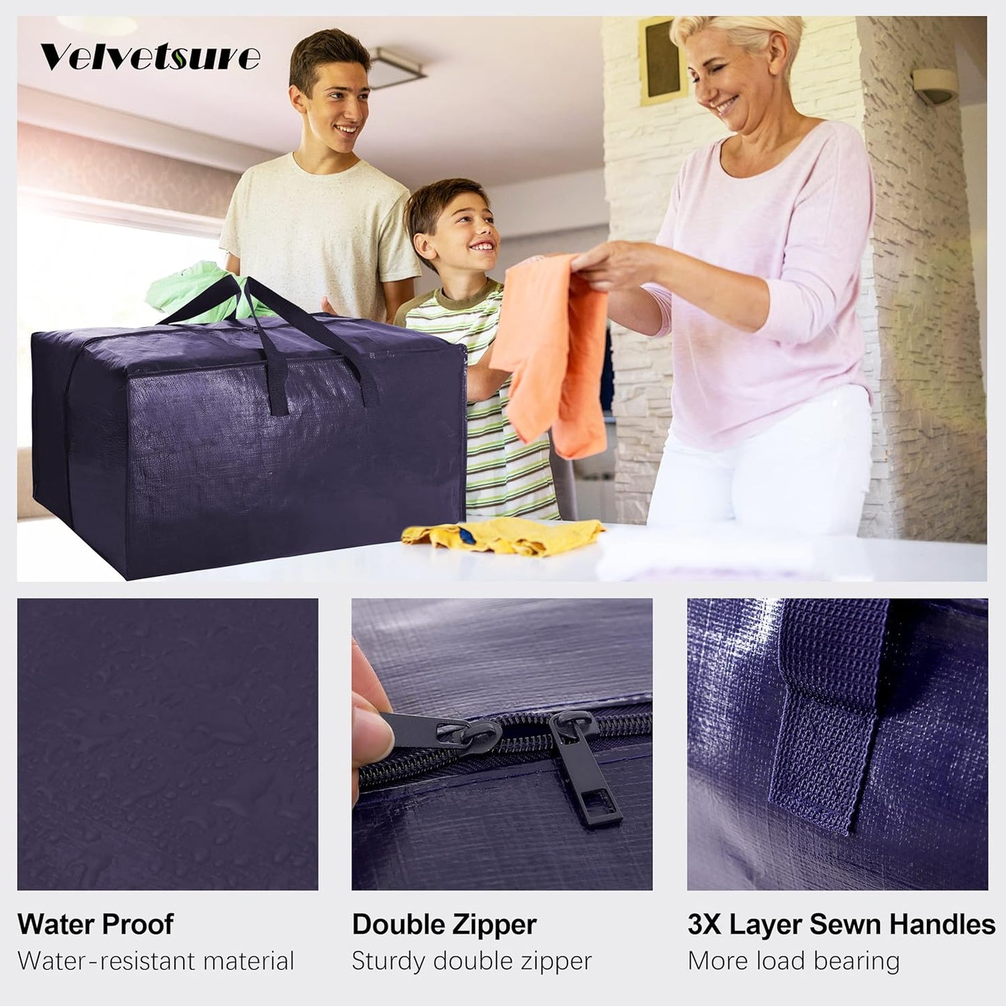 VELVETSURE Heavy Duty Extra Large Moving Bags - Durable Storage Totes with Backpack Straps & Strong Zippers | Set of 6, Blue