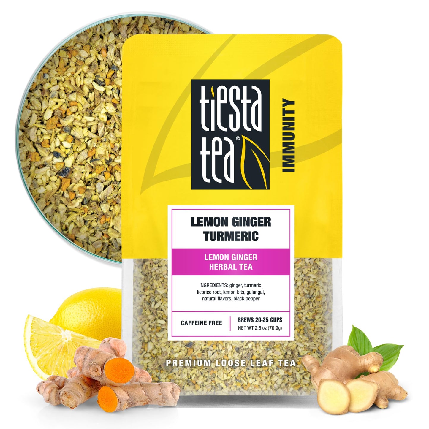 Tiesta Tea - Lemon Ginger Turmeric, Mother's Day Loose Leaf, Lemon Ginger Herbal Tea, Premium Blend, Non Caffeinated Herbal, Make Hot or Iced Brews Up to 25 Cups, 2.5 Ounce Resealable Pouch