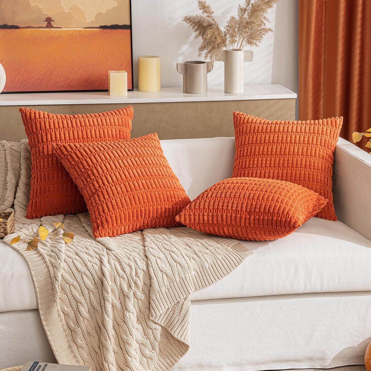 MIULEE Decorative Pillow Covers - Pack of 2 Orange Corduroy, 18x18 Inch Soft Boho Striped | Modern Farmhouse Decor