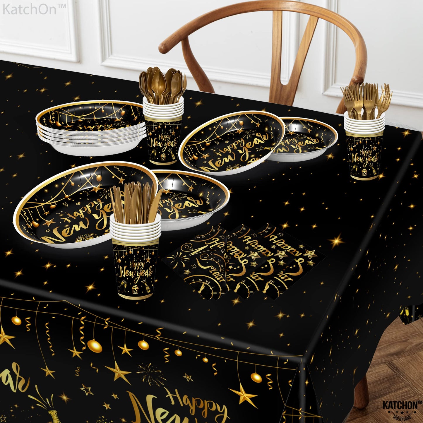 KatchOn, Happy New Year Plates Cups and Napkins Set - Serves 25 Guest | New Years Eve Party Supplies for New Years Decorations 2026 | Happy New Year Tableware for Nye Decorations 2026