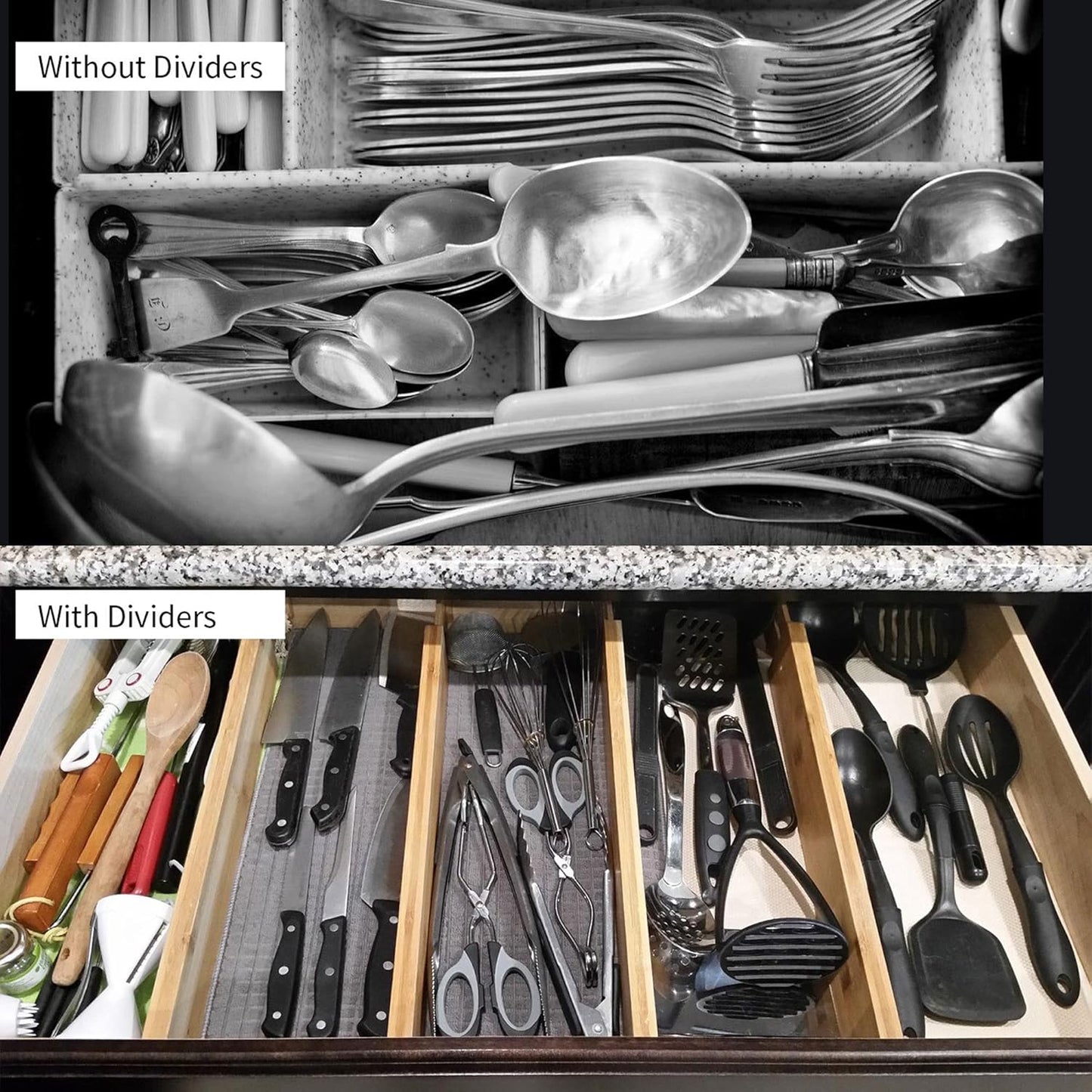 Utoplike Bamboo Drawer Dividers - Adjustable & Expandable Organizers for Kitchen, Dresser, Bathroom | 4 Pcs Set