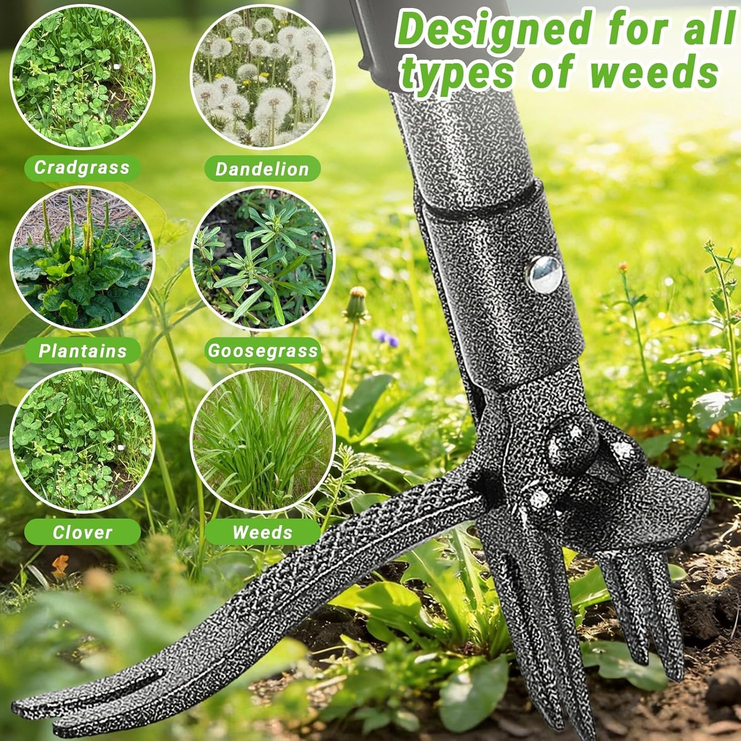 Skiennix Heavy Duty Weed Puller Tool - 4-Claw Steel Head & Dual-Eject Mechanism | 43.5" Bamboo Handle & 16 Gallon Leaf Bag