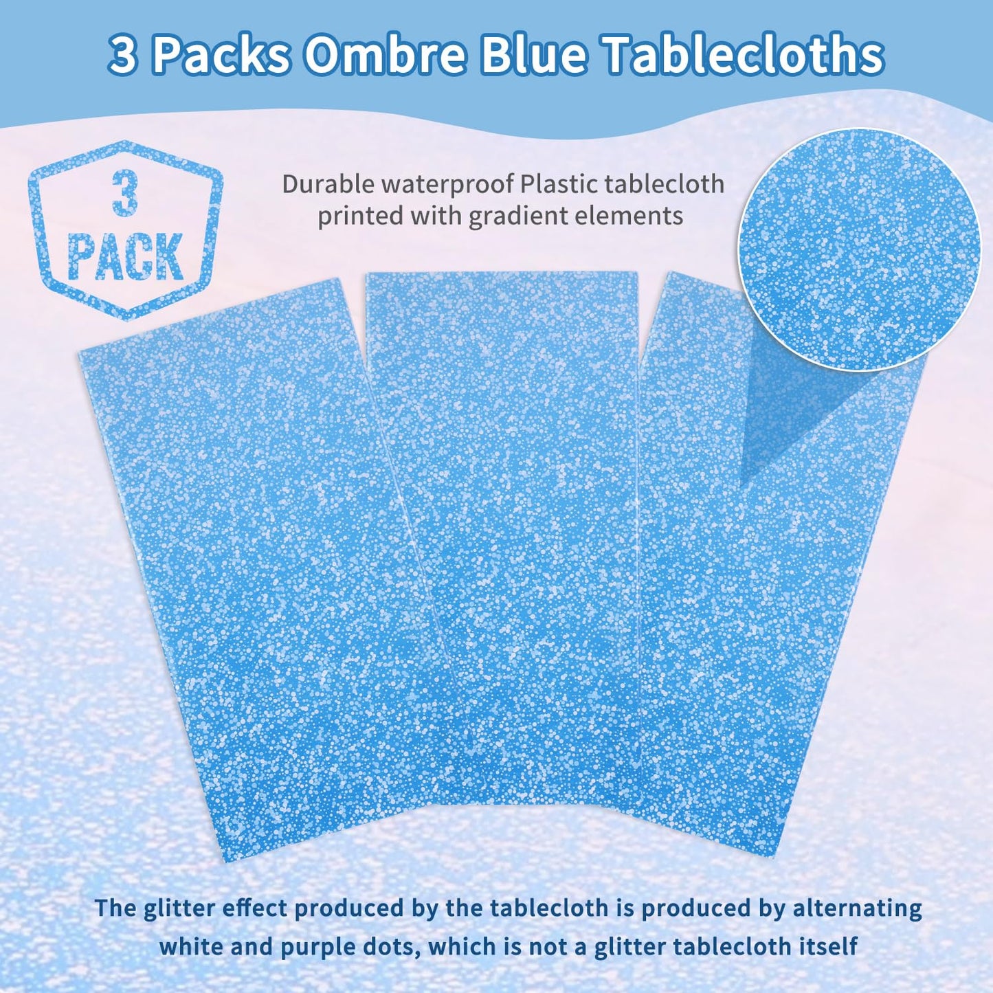 Kesfey 3 Packs Ombre Blue Plastic Tablecloth 54 x 108 Inch Gradient Pastel Blue Table Cloths Rectangle Disposable Royal Blue Sprinkle Glitter Table Covers for Birthday Baby Shower Party Decorations