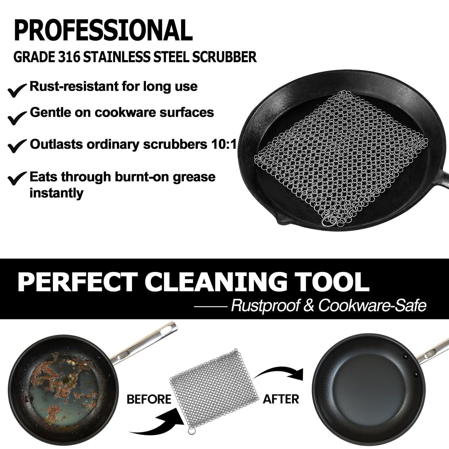 TOPULORS Cast Iron Scrubber 316 Stainless Steel Skillet Cleaner 8"x6" Chainmail Scrubber Scraper Chain Mail Link Scrub for Cast Iron Pre-Seasoned Pans, Griddles, BBQ Grills, and Pot Cookware Cleaning