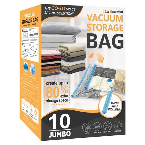 Cozy Essential Vacuum Storage Bags, 80% Compression Vacuum Seal Space Saver Plastic Packaging Bags for Clothes, Blankets, Pillow, Bedding, Comforters, Sealer Clothing Storage,10 Jumbo