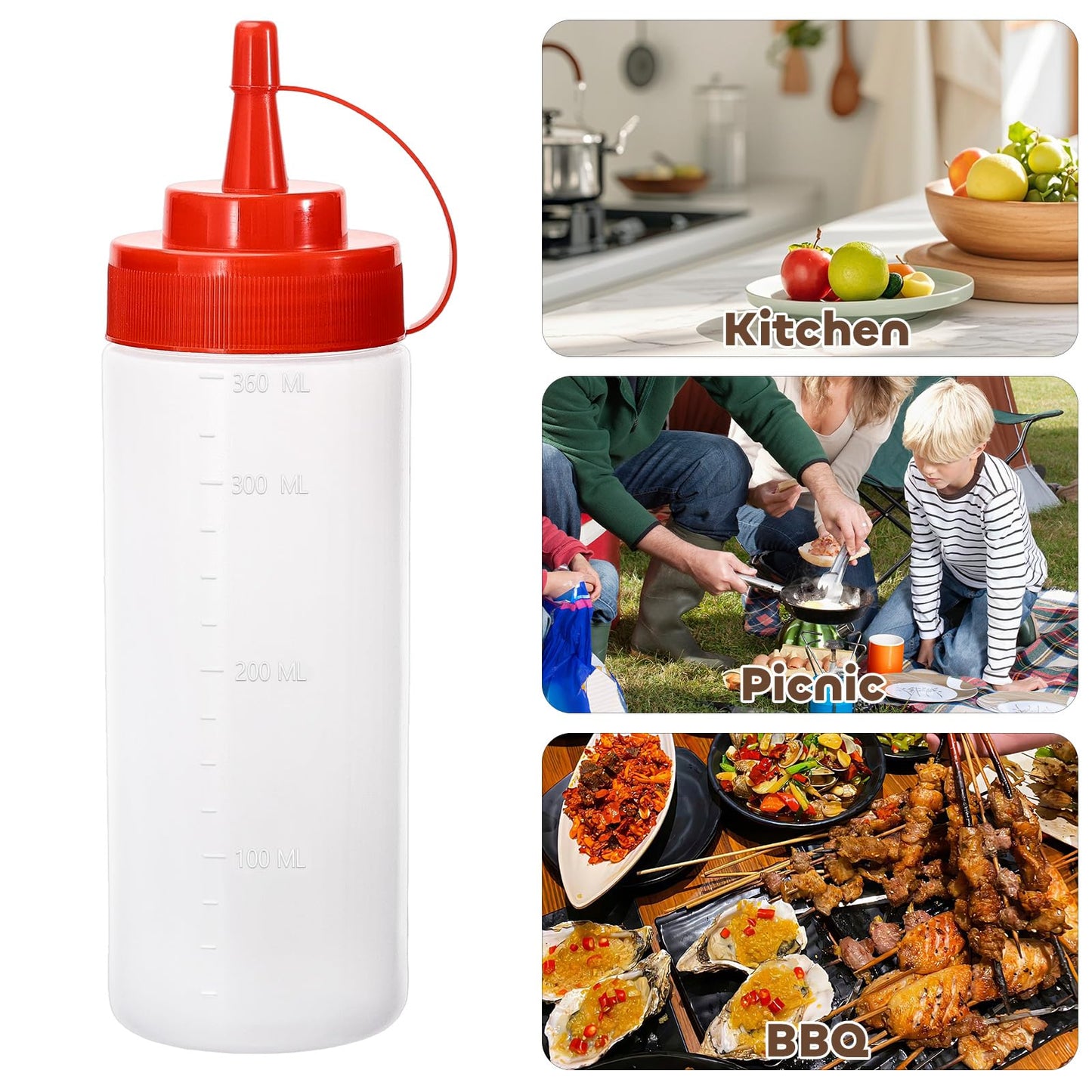 Katfort Condiment Squeeze Bottles Ketchup Dispenser, 4 Pack 12oz Squeeze Bottles for Liquids, Plastic Sauce Bottle with Cap Lid, Squirt Bottles for Sauces Liquids BBQ Dressing Pancake Art