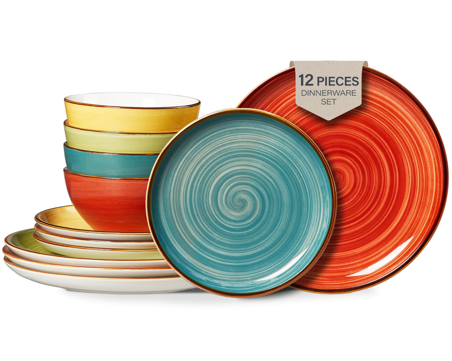 ONEMORE Plates and Bowls Set 12 Pcs,Stoneware Dinnerware Sets for 4 Microwavable,Oven & Dishwasher Safe Porcelain,Scratch Resistant Dishes Set