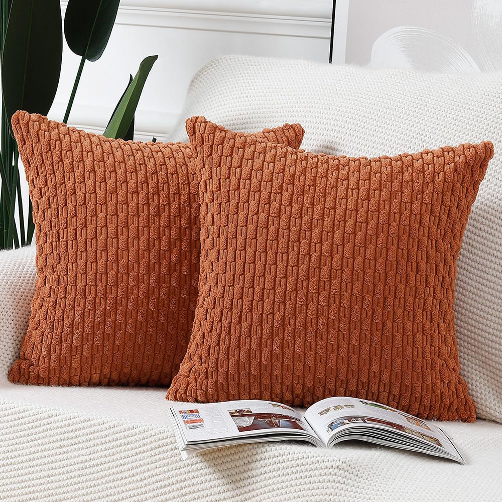 MADIZZ Pack of 2 Corduroy Decorative Throw Pillow Covers 14x14 Inch Rust Soft Boho Striped Couch Throw Pillows for Bed Pillowcases for Sofa Livingroom Home Decor