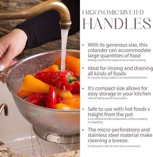 Bellemain Micro-Perforated Stainless Steel Colander - Dishwasher Safe, 3 QT & 5 QT Options