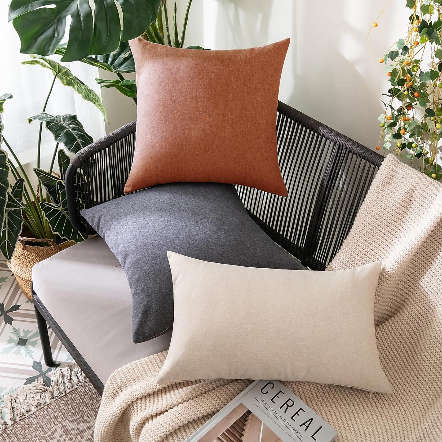 MIULEE Decorative Outdoor Throw Pillow Covers - Waterproof Faux Linen Cushion Cases | 16x16 Inch Rust (Pack of 2)