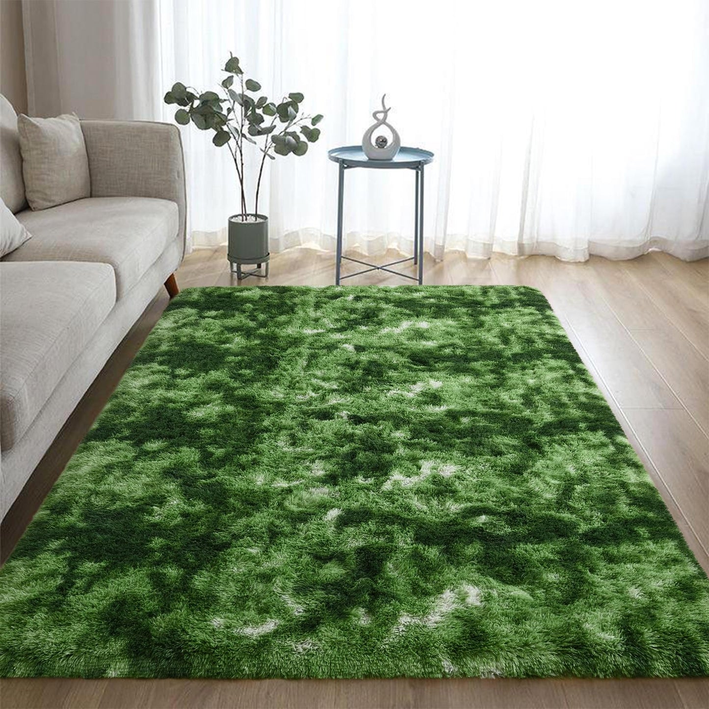 DweIke Extra Large Fluffy Area Rug, 5x8 ft Modern Indoor Carpets for Living Room Bedroom, Plush High Pile Tie-Dyed Dark Green Rug for Girls Kids Playroom Classroom Nursery Home Décor, Dark Green