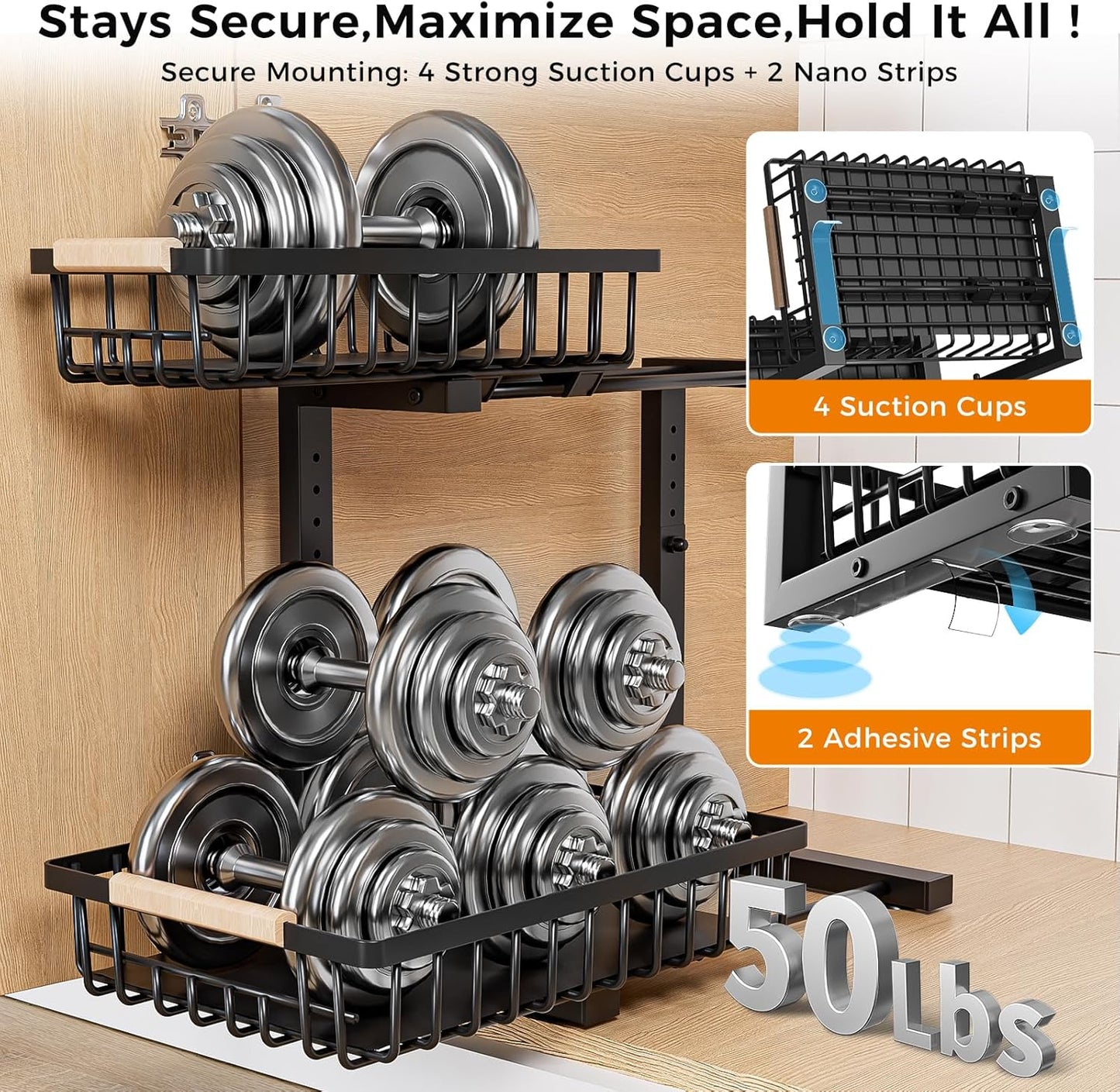 Skiennix Under Sink Organizer - 2 Tier Sliding Storage Solution | Height Adjustable, Anti-Rust, Black