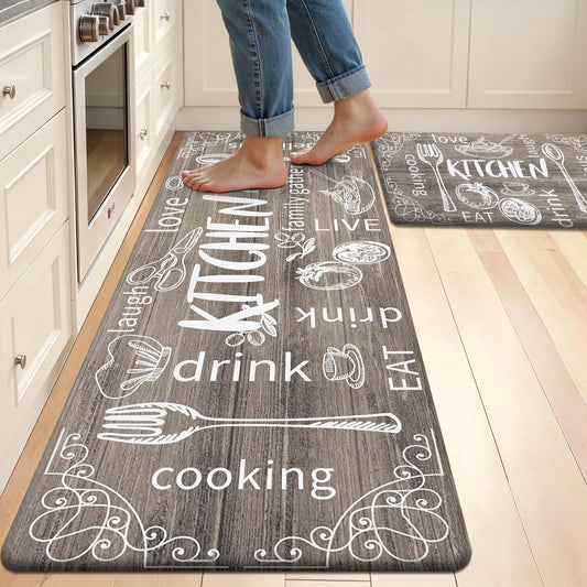HEBE Kitchen Rugs Set of 2, Cushioned Anti Fatigue Kitchen Mats for Floor, Non Slip Waterproof Comfort Standing Desk Mat Carpet for Sink, Stove, Laundry Room, Brown