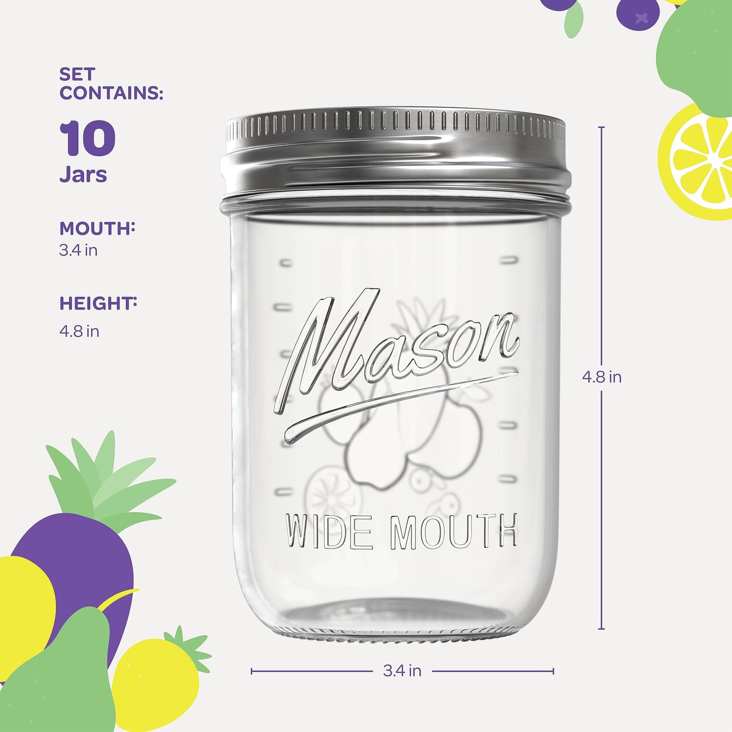 SEWANTA Wide Mouth Mason Jars 16 oz [10 Pack] With mason jar lids and Bands, mason jars 16 oz - For Canning, Fermenting, Pickling - Jar Décor - Microwave/Dishwasher Safe.