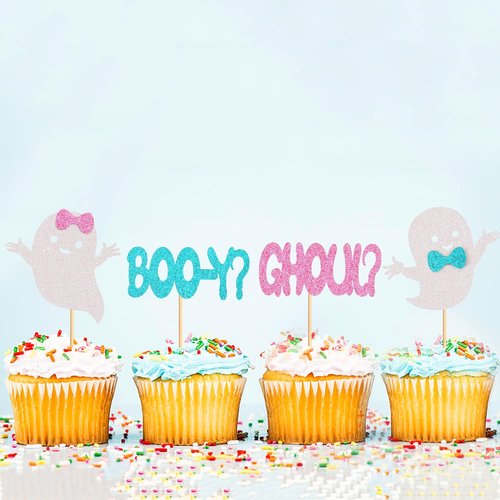 Ercadio Halloween Cupcake Toppers - 24 Pack Glitter Ghost Picks for Baby Showers & Gender Reveals