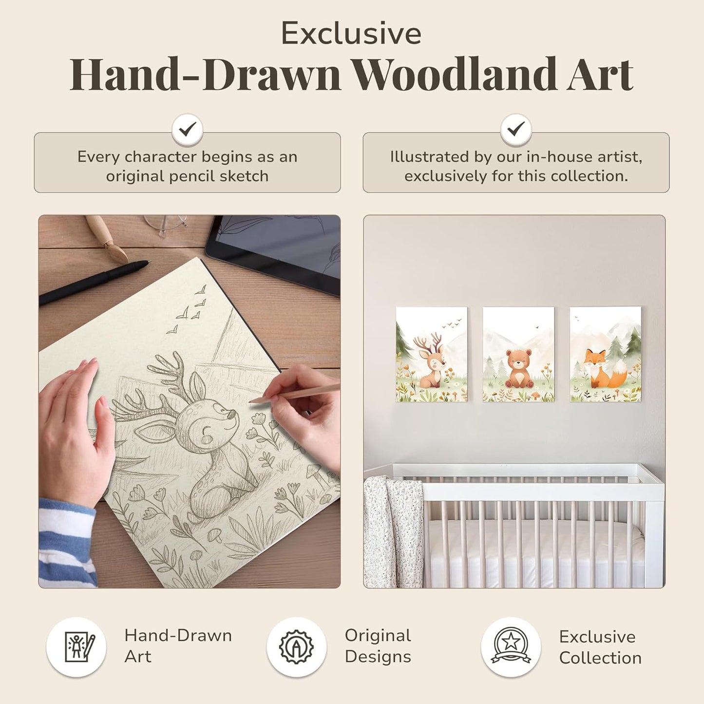 Woodland Nursery Wall Art - Set of 3 Neutral Animal Canvas Prints | 12x16 Inch Framed Decor for Baby Rooms