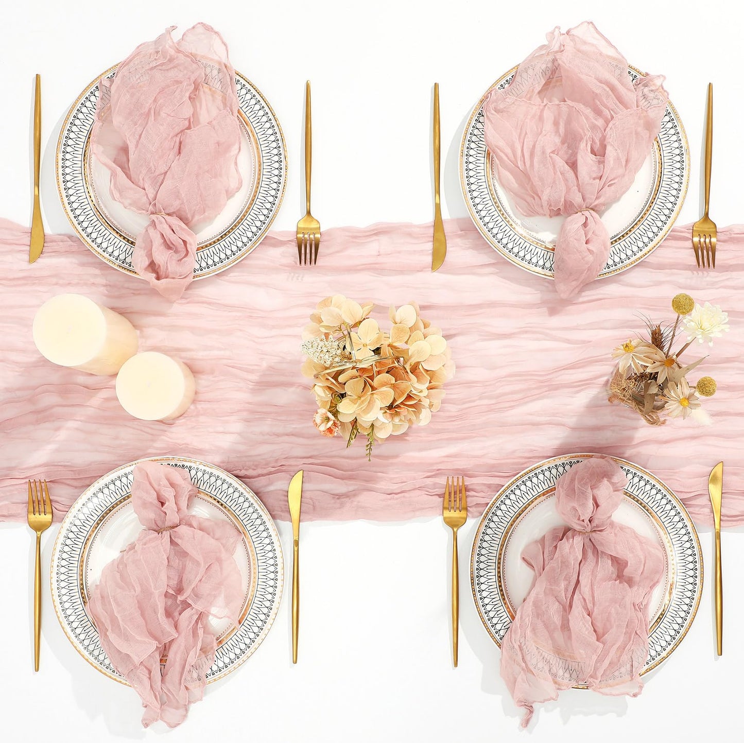 Windkream 2 Cheesecloth Table Runners and 24 Napkins Set, 10Ft Boho Cheese Cloth Table Runners 20 x 20 Inch Rustic Wrinkled Gauze Napkins for Wedding Birthday Baby Shower Party Decor (Dusty Pink)