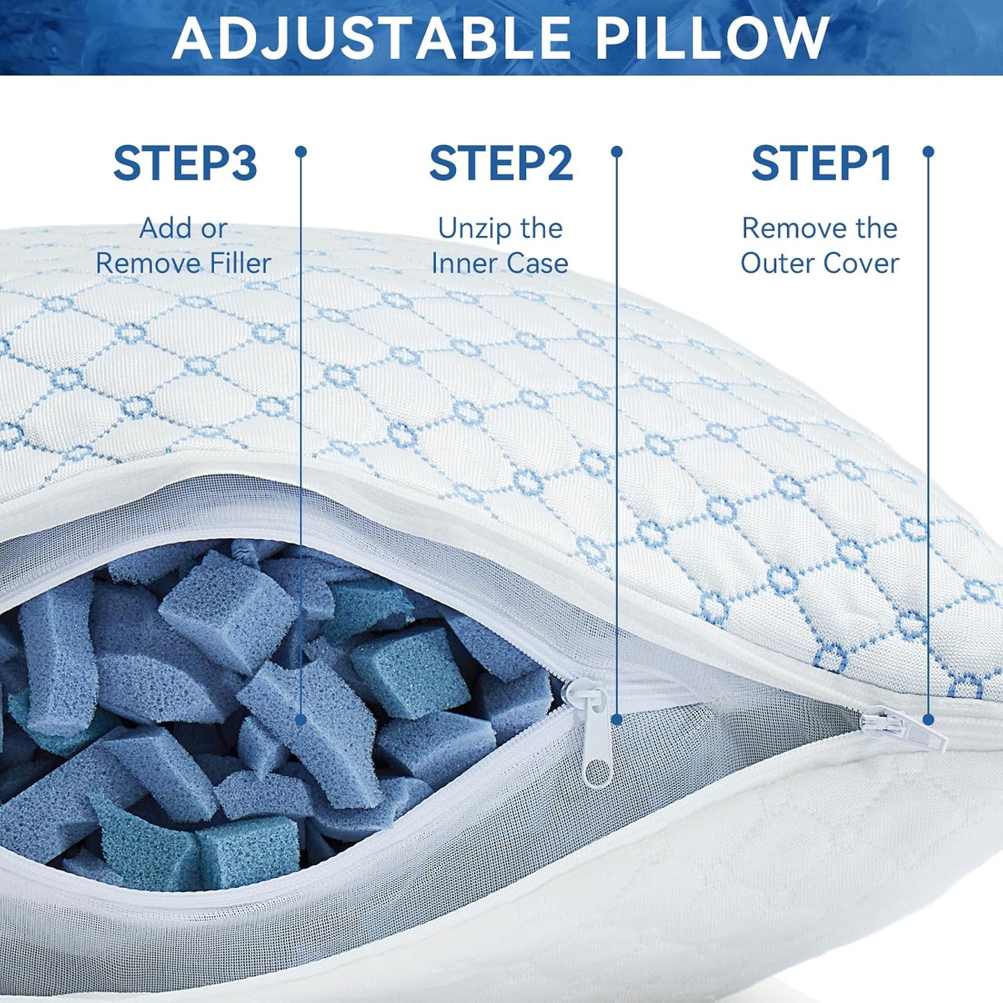 Skiennix Cooling Bed Pillows - Shredded Memory Foam for Neck Support | Adjustable Queen Size 2-Pack