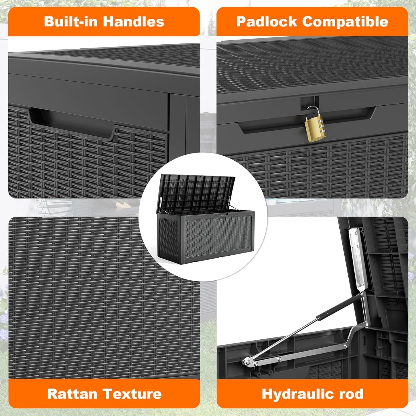 Skiennix 100 Gallon Outdoor Deck Box - Lockable Waterproof Storage for Garden Tools & Cushions | Black
