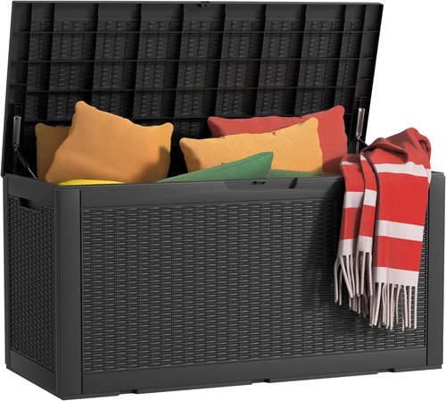 120 Gallon Waterproof Outdoor Storage Box - Lockable Resin Deck Container for Patio Furniture & Tools | Black