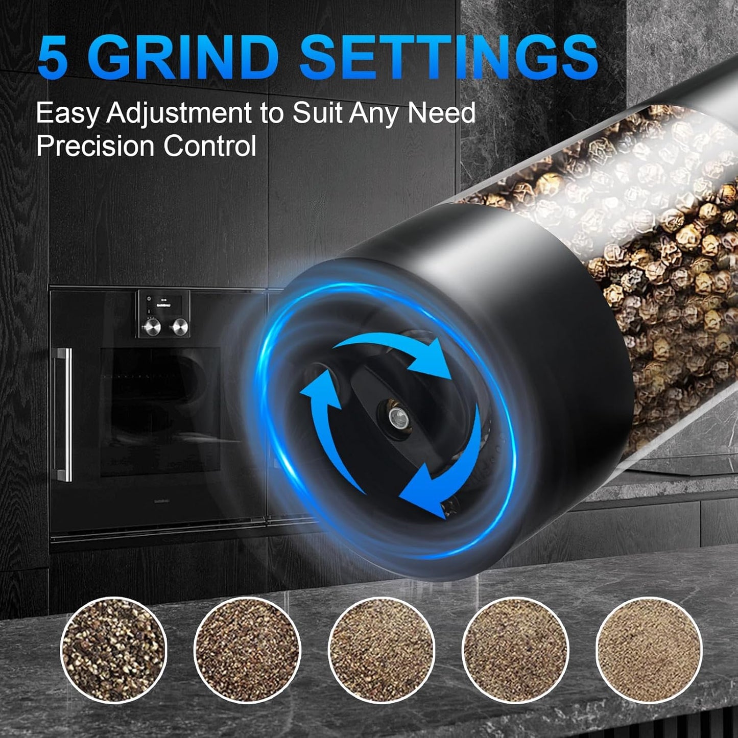 Skiennix Electric Pepper & Salt Grinder - Adjustable Coarseness, LED Light, One-Handed Operation | Black