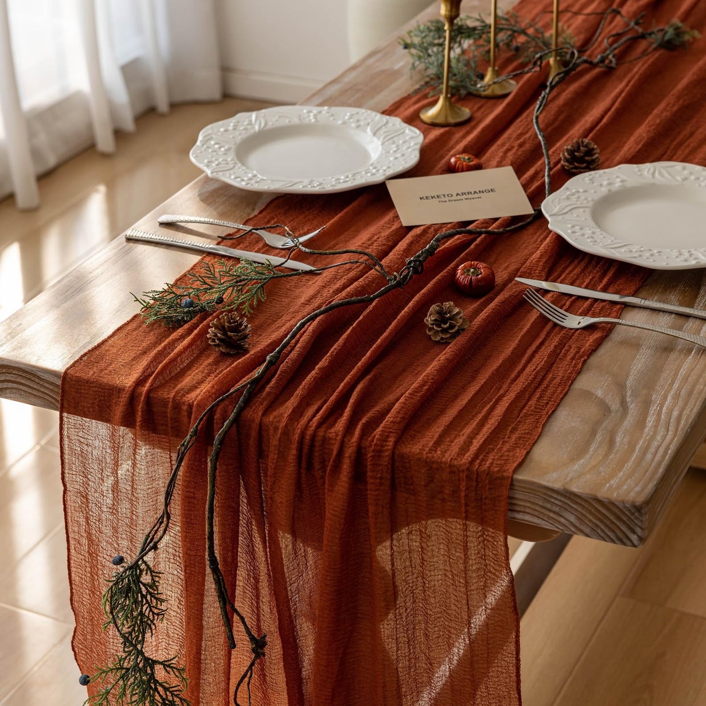 Keketoarrange 10pcs Fall Terracotta Table Runner Rust Gauze Rustic Cheesecloth 120 Inch 10 FT for Wedding Baby Shower Bridal Shower Birthday Engagement Garden Party Sheer Boho Thanksgiving Decorations