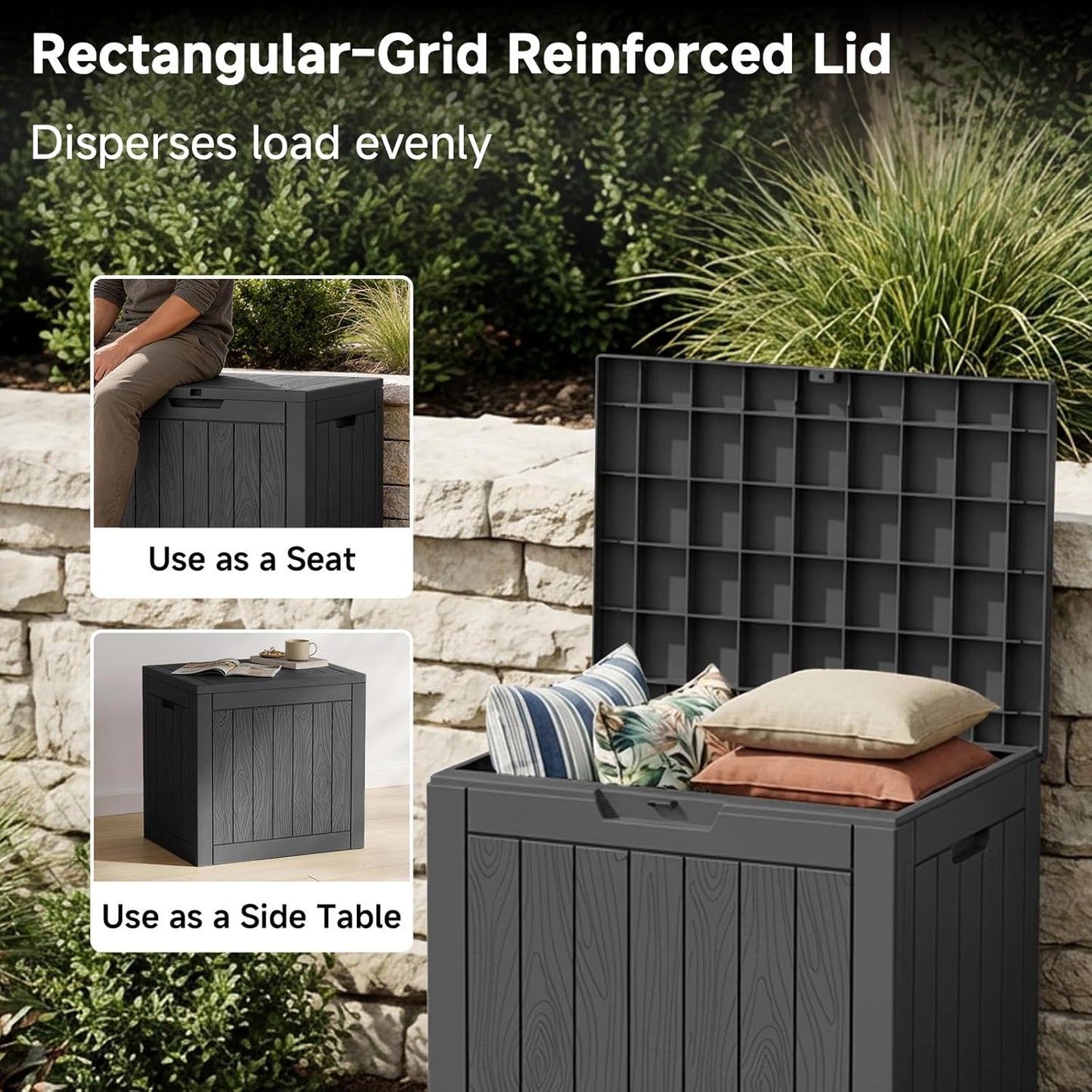 PatioZen 35 Gallon Waterproof Outdoor Deck Box - Lockable Resin Storage for Garden Tools & Cushions (Black)
