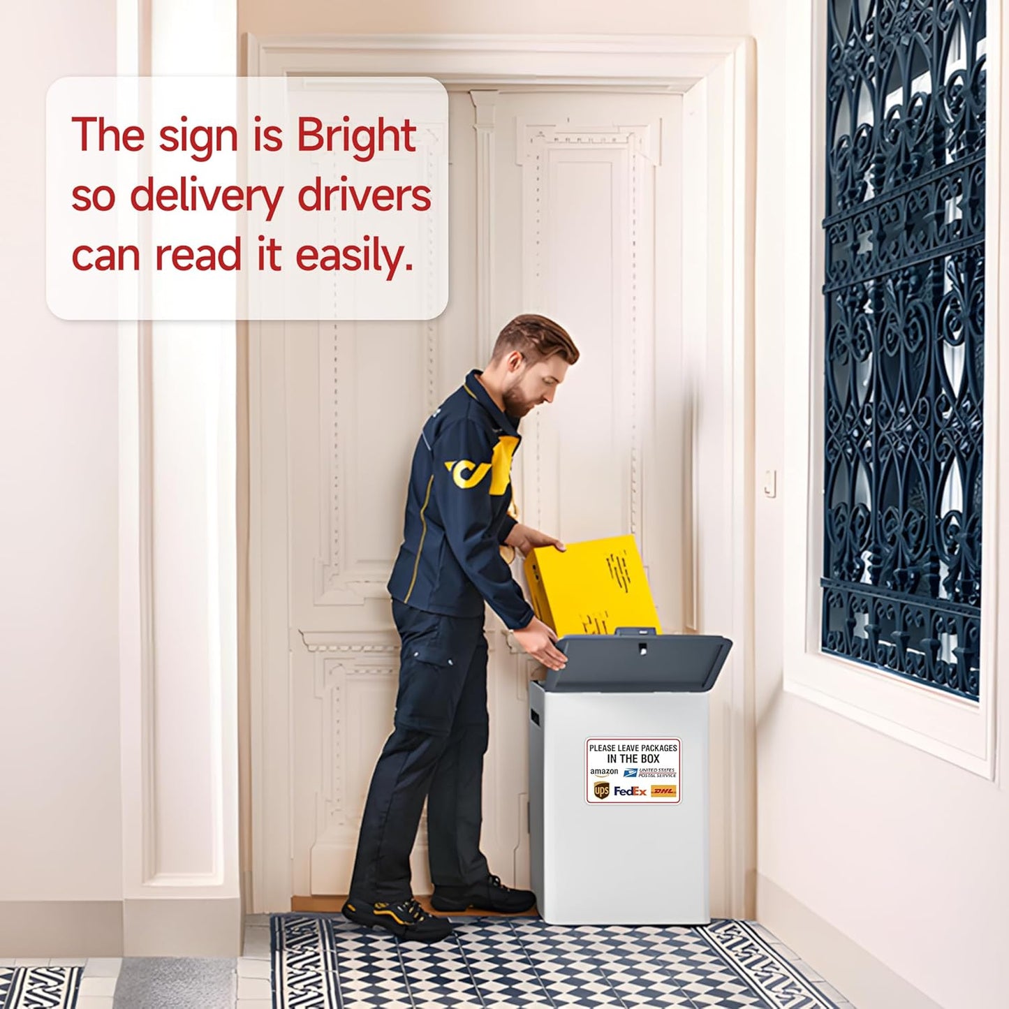 Please Leave Packages Here Sign by [Brand Name] - Self-Adhesive Waterproof Delivery Sticker | 8.3"x5.5" for Home, Office, Shop