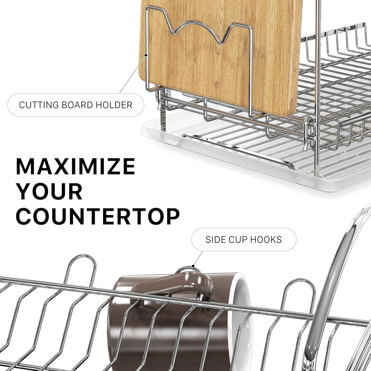 Simple Houseware 2-Tier Stainless Steel Dish Rack - Chrome Finish with Drainboard for Kitchen Organization