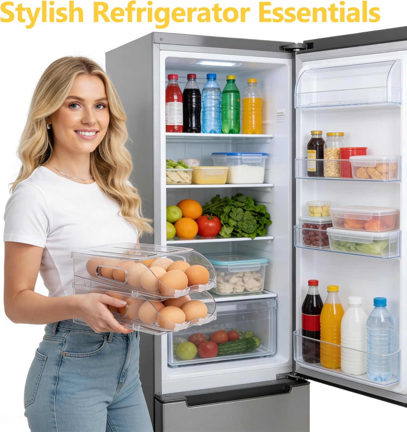 SMRCAD Egg Holder - Automatic Rolling Container with Soft Bumpers & Handle | Stackable Fridge Organizer