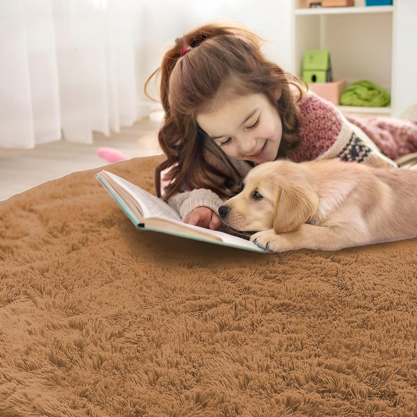 OLANLY Round Khaki Area Rug - Soft, Fluffy, Machine Washable 5 ft Circle Carpet for Bedroom & Living Room