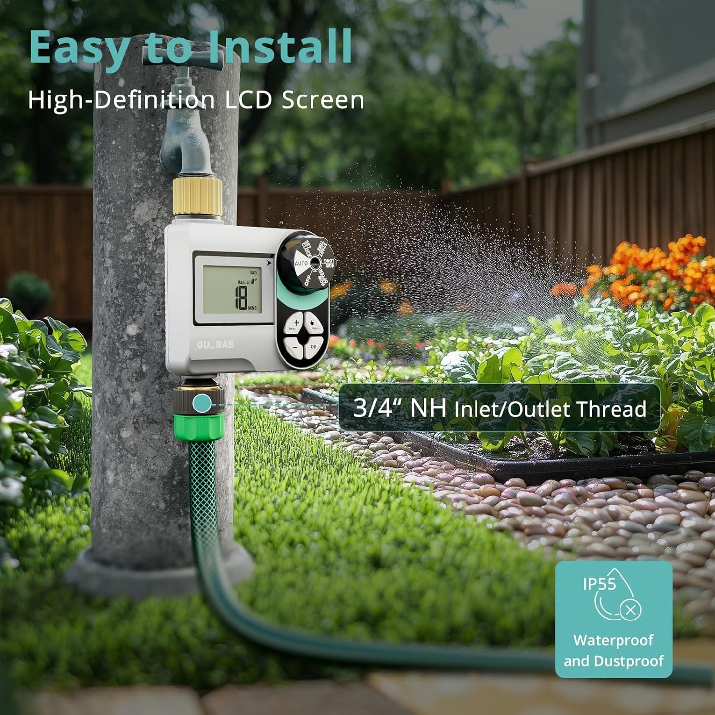 QUOBAS Brass Sprinkler Timer - Programmable Garden Hose Timer with Waterproof HD Screen & Rain Delay