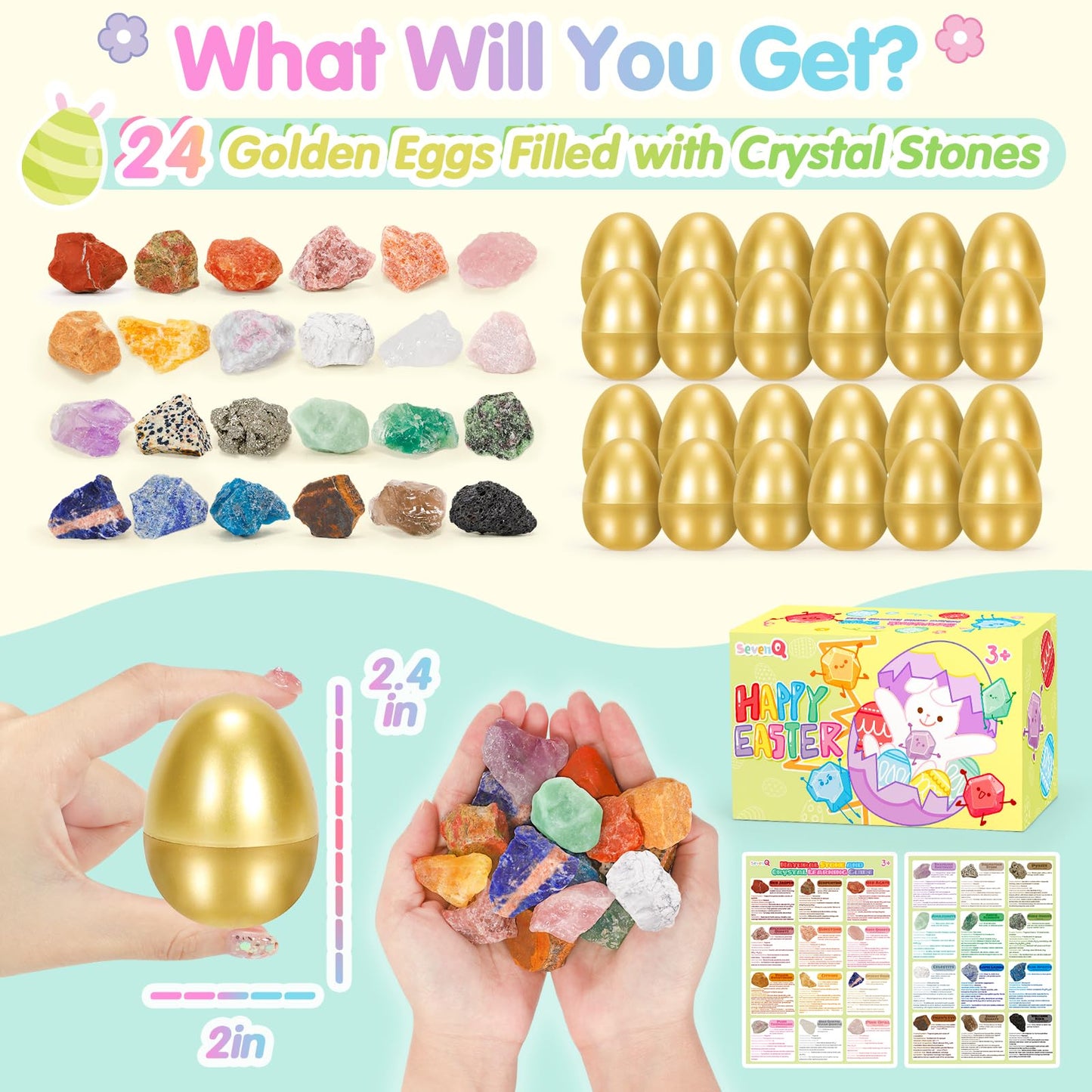 SevenQ Easter Basket Stuffers Easter Egg Fillers with Crystal Gems Rocks Raw Stone 24Pcs, Gemstones Rock Collections for Kids Easter Decorations Goodie Gifts Bags Hunt Supplies Party Favors Essentials