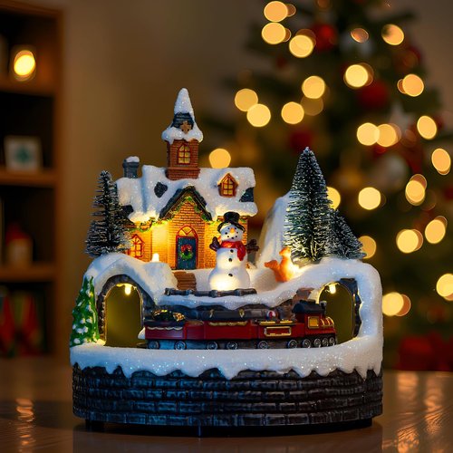 Candieslife Animated Musical Christmas Snowman Decoration - Rotating Train with Warm Lights | Festive Tabletop Ornament